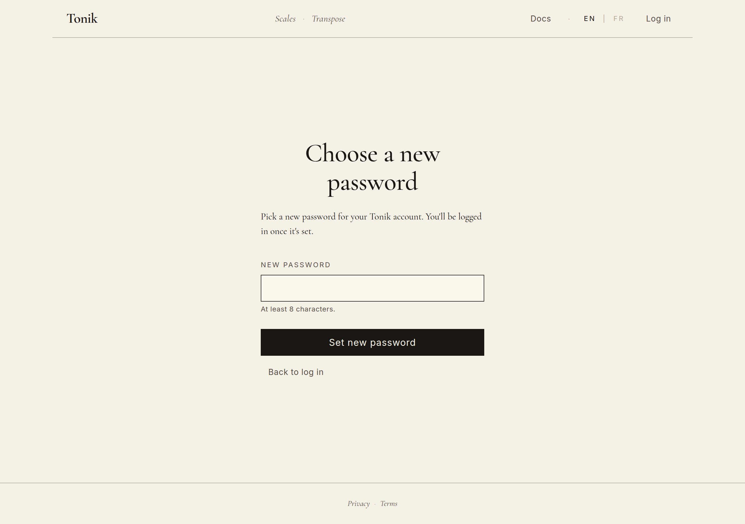 Reset password screen