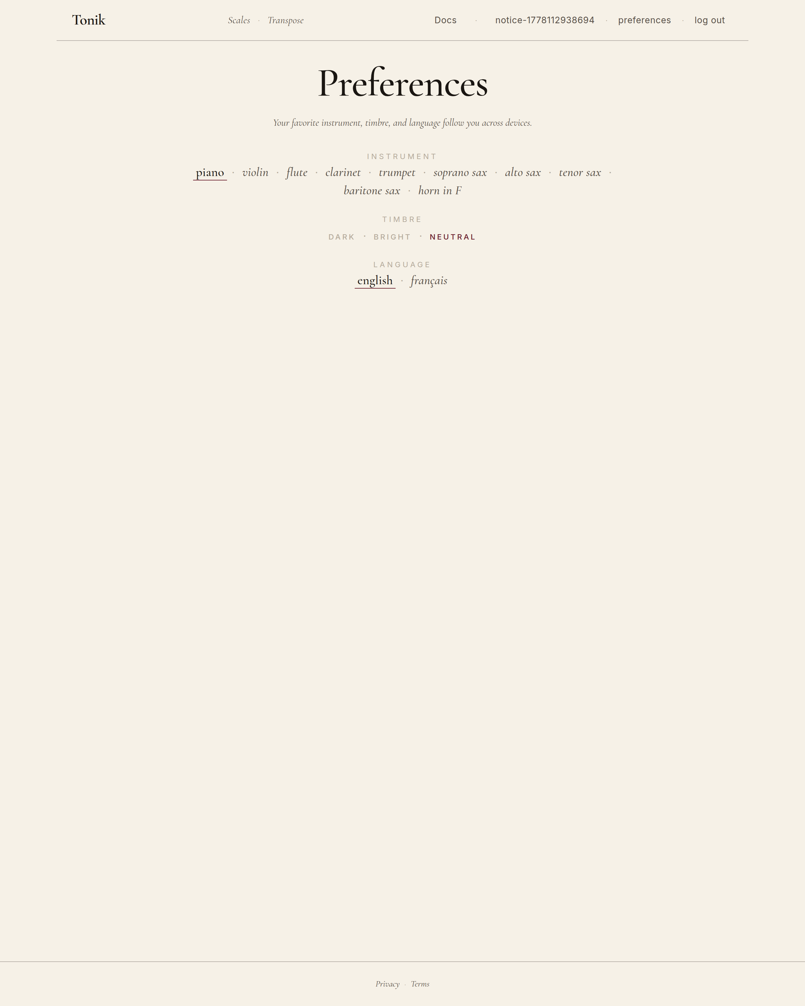 Preferences page